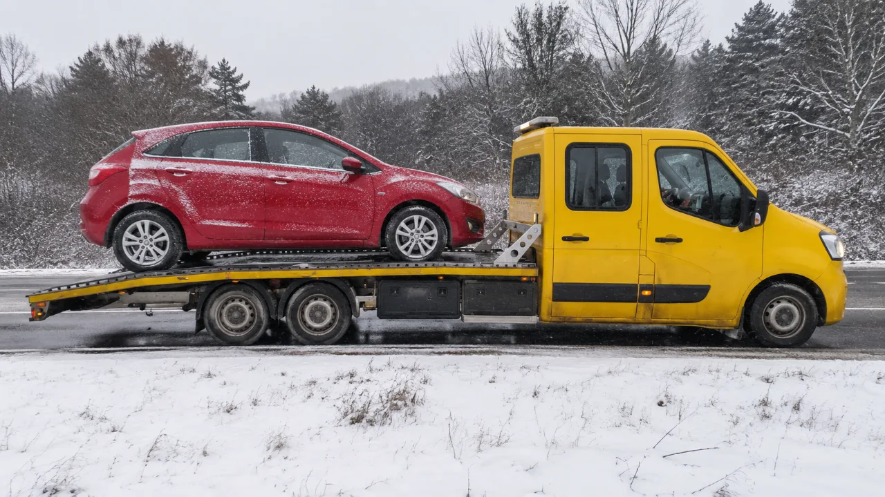 Holowanie czerwonego auta na lawecie zimą – Zamość